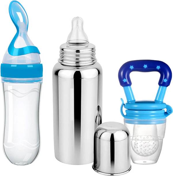 THE LITTLE BUNNY HOP IN STYLE Pack Of 3 Baby 250ml Stainless Steel Bottle | Spoon Feeder | Fruit Feeder