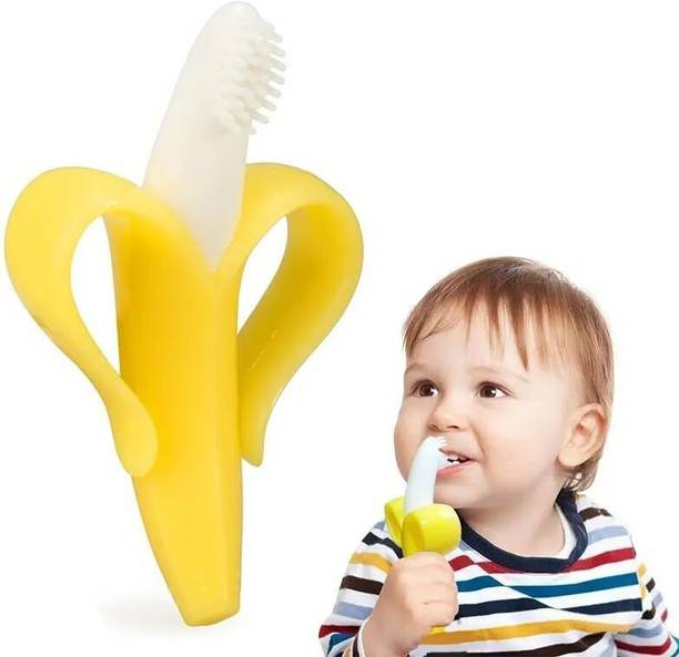 Roforuf Banana Shaped Silicone Baby Teether & Soft Infant Toothbrush, BPA-Free Teether