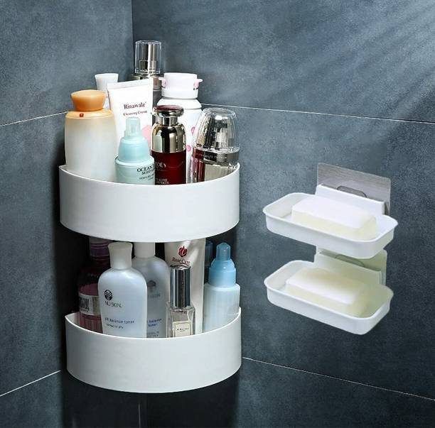 Mirramor Pack Of 4 ABS Plastic Multiperurpose Home Kitchen Bathroom Accessories Traceless Self Adhesive Wall Mounted Soap Stand and Bathroom Corner Shelves Self Sticker for Shampoo; Conditioner Shower Caddy Rack Shelf with Strong Adhesive Magic Sticker Soap Stand Bathroom Accessories (2 Corner Triangular + 2 Soap Cases)