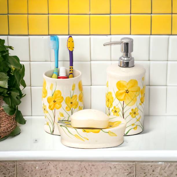 The Transit Story Hand-Painted Liquid Soap Dispenser, Soap Case & Toothbrush Holder Rust-Proof Ceramic Bathroom Set