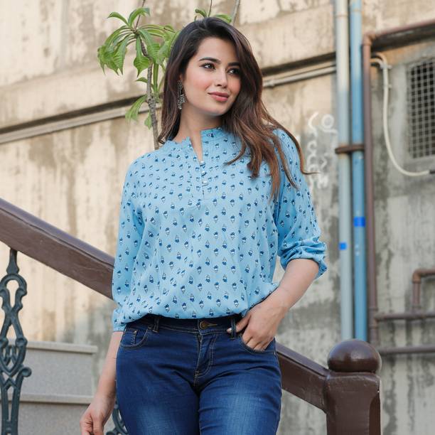 Casual Balloon Sleeve Printed Women Blue Top