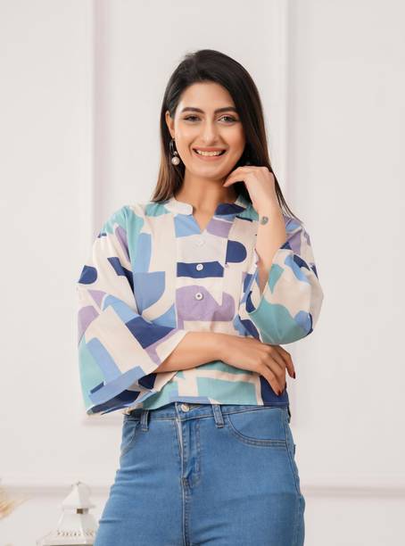 Casual Bell Sleeves Printed Women Multicolor Top