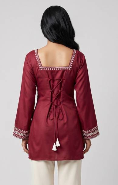 Party Bell Sleeves Embroidered Women Maroon Top