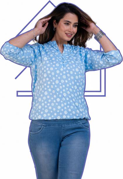 Casual Balloon Sleeve Printed Women Light Blue Top
