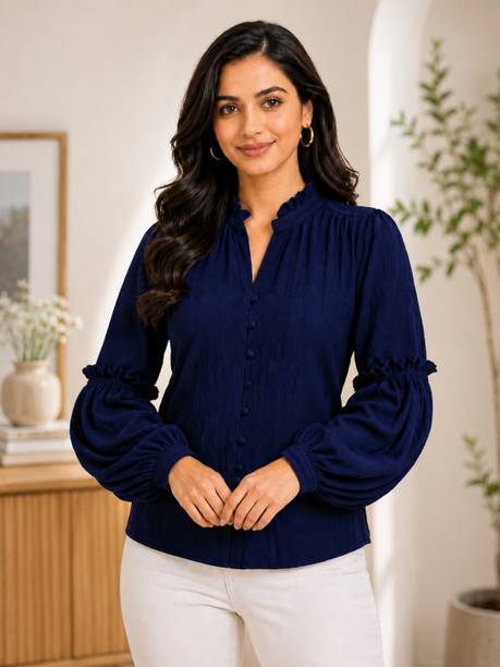 Party Ruffled Sleeves Self Design Women Blue Top