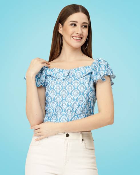 Casual Cap Sleeves Self Design Women Light Blue, White Top
