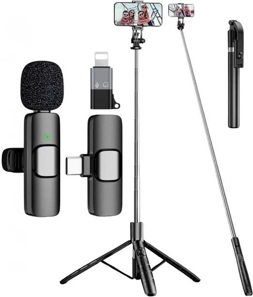 GADGETSWEAR (Combo with Wireless Mic) Selfie Stick with Tripod, 360 Degree Rotating Tripod Kit