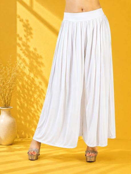 Women Flared White Lycra Blend Trousers