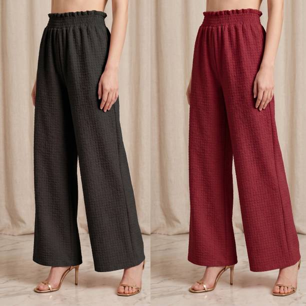 Pack of 2 Women Regular Fit Black, Maroon Polyester Trousers