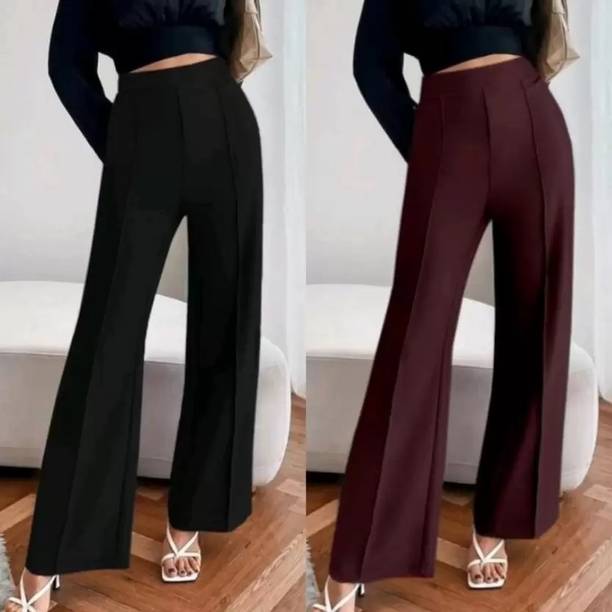 Women Flared Maroon Polyester Trousers