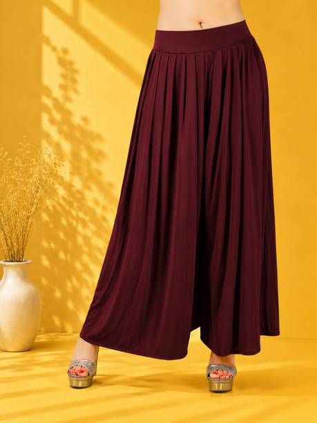 Women Flared Maroon Lycra Blend Trousers