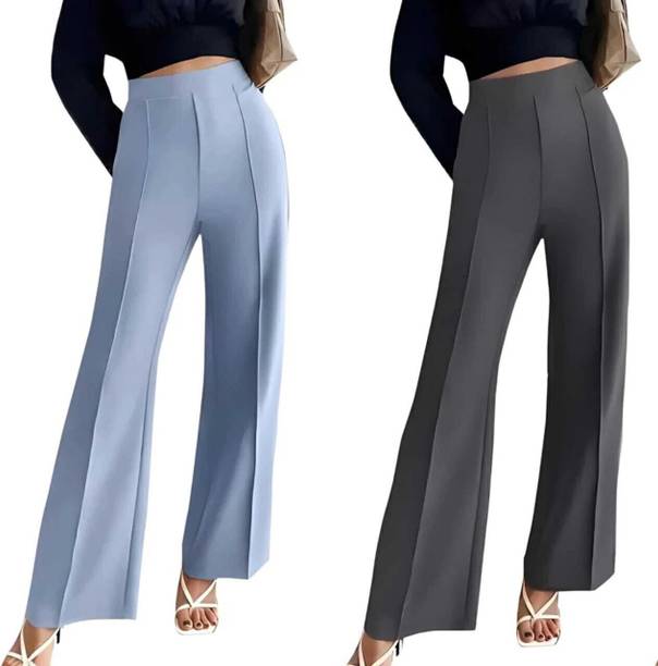 Pack of 2 Women Regular Fit Blue, Grey Cotton Blend Trousers