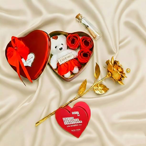 LoveGift Golden Rose Heart Box Gift Set with Message Pills & Love Card Gold Rose Artificial Flower