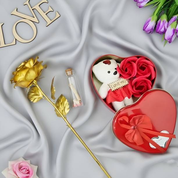 LoveGift Golden Rose Heart Box with Message Pills Gift Set Gold Rose Artificial Flower