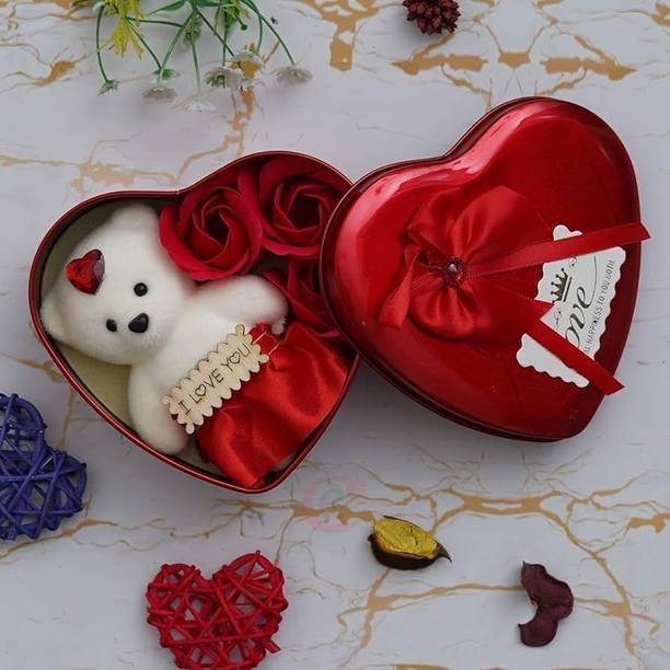 MAHI HOME DÉCOR MHD_Red Rose & Teddy Bear in Heart Shape Gift Box - 3 inch