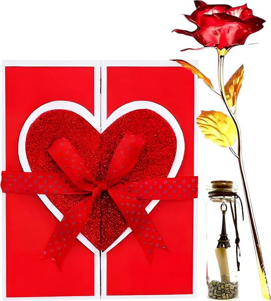 LoveGift Red Rose Gift with Message Pills & Love Card Gift Set | Valentine Day Gift Red, Gold Rose Artificial Flower