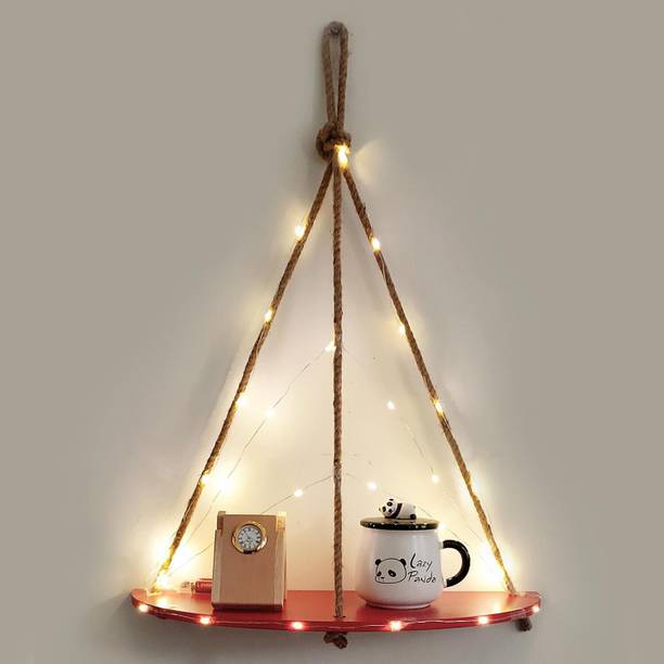 VAH Wood Half Oval Maroon 1 Layer Wall Hanging Shelf, Wood Floating Shelves with LED Light Wooden Wall Shelf