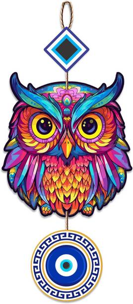 shashank woodenuv printed evil eye with owl designer wall hanging