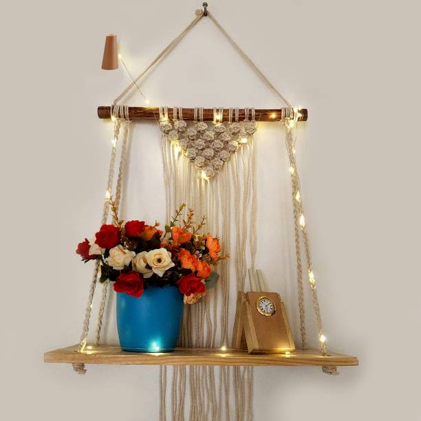 VAH Macrame wall Hanging Shelf With rope - Set of 1 Wood Shelf With LED Light Wooden Wall Shelf