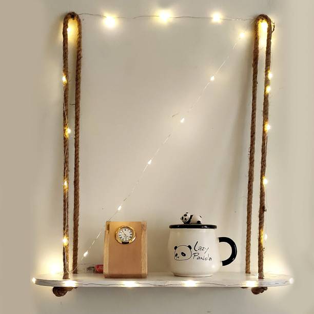 VAH VAH Wood Rectangle Oval White 1 Layer Wall Hanging Shelf, Wood Floating Shelves with LED Light Wooden Wall Shelf