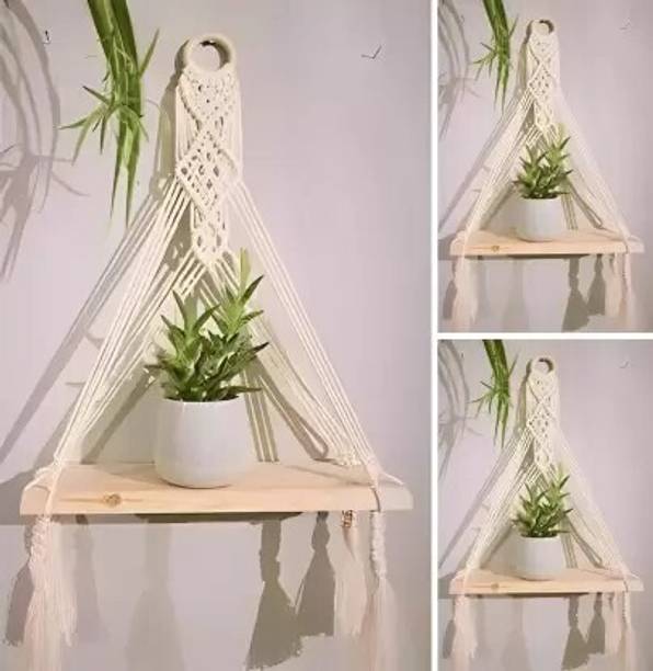 JAKIO Macrame Wall Hanging Shelf Wood Floating Wooden Wall Shelf