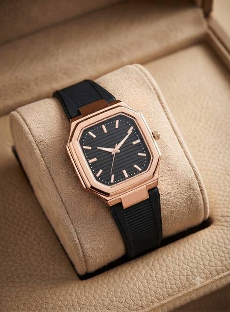 Men's Luxury Octagonal Black Dial Anallog Watch with Durable Black Belt Analog Watch  - For Men C1031RG BLKD