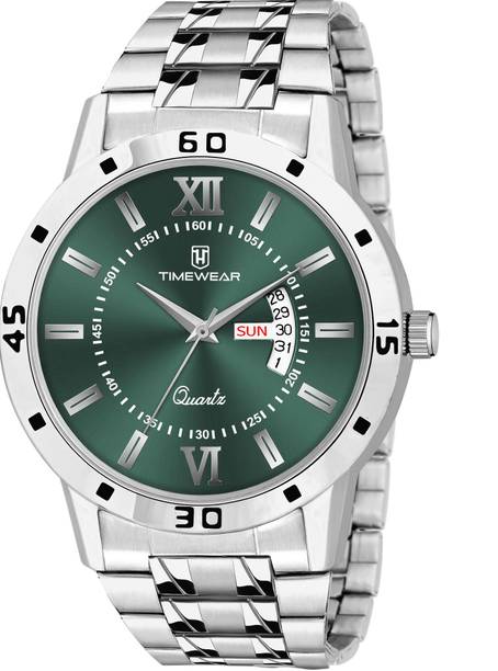 Green Roman Dial Day Date Functioning Stainless Steel Chain Analog Watch  - For Men 334GDTG