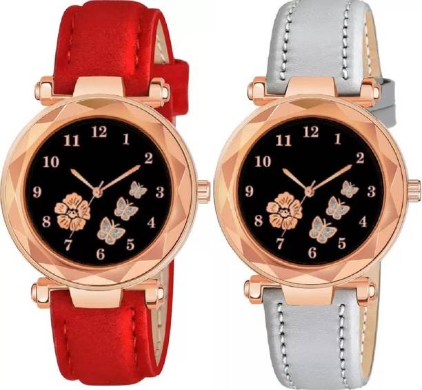 Analog Watch  - For Women New Latest Designer Printed Dial Red and Grey Leather Strap For Girls