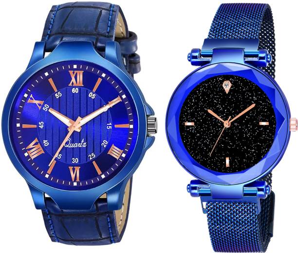 Analog Watch  - For Men & Women Pack of 2 Boy Leather Strap And Girl Sparkling Diamond Cut Blue Magnetic Strap Luxury(boy+girl+couple combo)