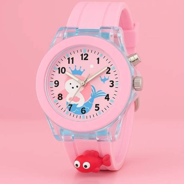 Kids Ocean Mermaid Cartoon LED Light Pink Silicone Strap Analog Watch  - For Boys & Girls MI_MR-PINK