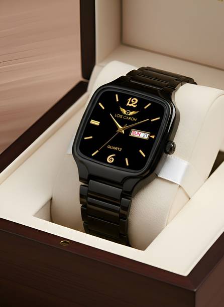 LOIS CARON LCS-8595 Men’s Premium Black Plated Square Dial Quartz Watch with Day & Date Display Analog Watch  - For Men