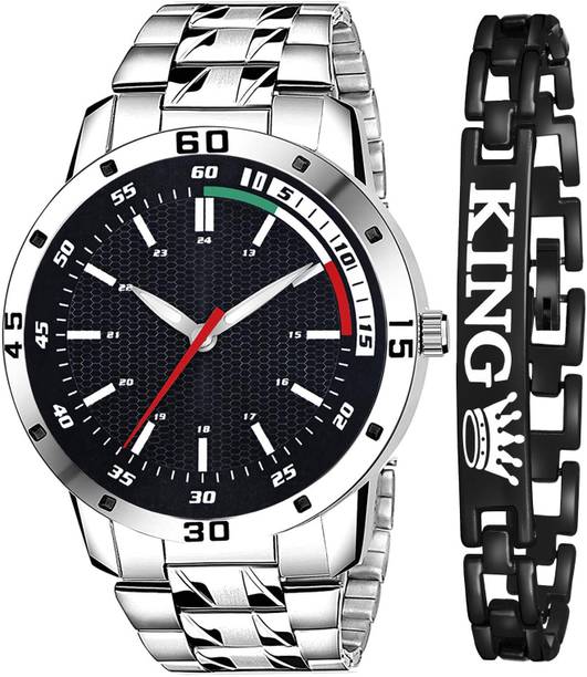 Premium silver stainless steel chain watch designed for modern men. Analog Watch  - For Men Striking black analog dial featuring a unique honeycomb textured pattern.
