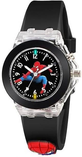 3D Spierman Cartoon Kids Analog Watch | 7 Multicolor LED Lights Analog Watch  - For Boys & Girls Light_Spiderman_Black
