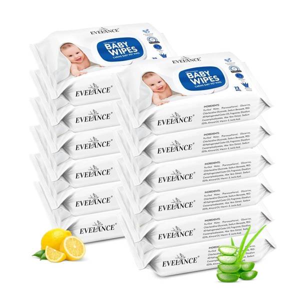 EVELANCE Caring Baby Wet Wipes with lid & Aloe Vera Extract| 72 Pieces|Pack Of 12