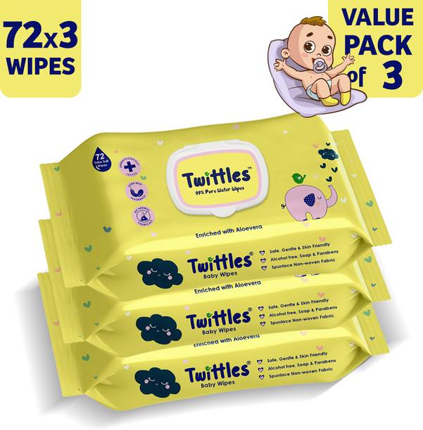 Twittles Soft & Gentle Baby Cleansing Wipes With Lid, 99% Water & Aloe Vera | Pack of 3
