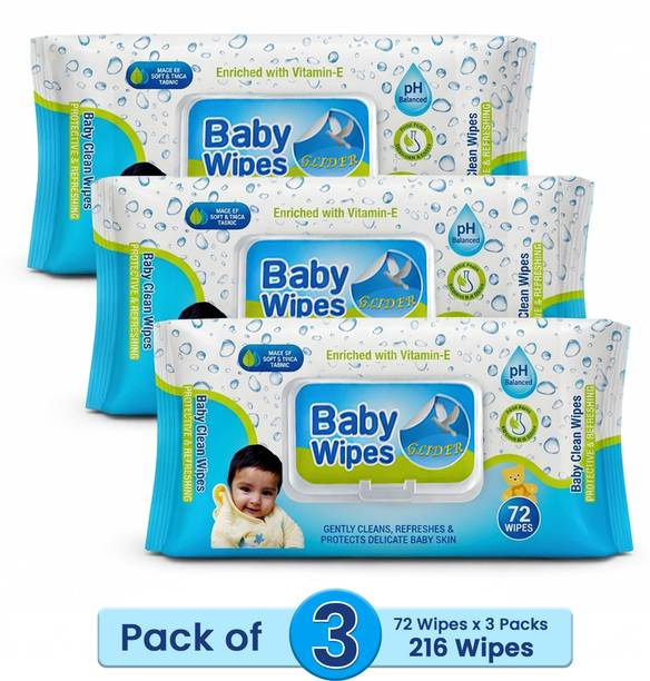 GLIDER Baby Wipes - with Moisture Lock Flip-Top , Contains Aloe Vera & Vitmain E , pH balanced with No Parabens & Chlorine - Pack of 3
