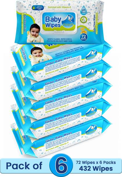 GLIDER Baby Wipes - with Moisture Lock Flip-Top , Contains Aloe Vera & Vitmain E , pH balanced with No Parabens & Chlorine - Pack of 6