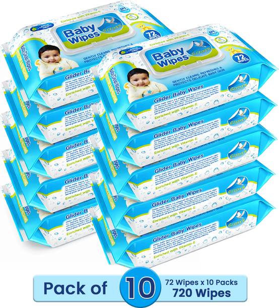GLIDER Baby Wipes with Moisture Lock FlipTop|Contains Aloe Vera & Vitamin E( Pack of 10