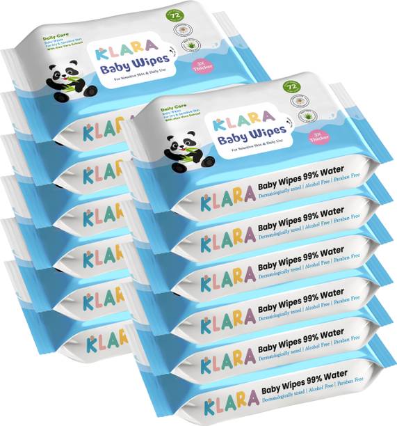 Klara 99%Pure Water Baby Wipes with Aloe Vera,Rash-Free(72 Wipes Each Pack,Pack of 12)