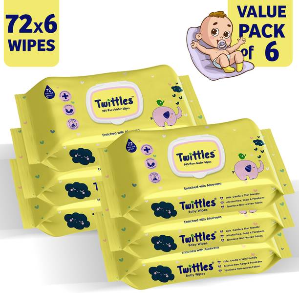 Twittles Soft & Gentle Baby Cleansing Wipes With Lid, 99% Water & Aloe Vera | Pack of 6