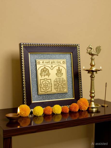 BHAGYA G Lakshmi Kuber Yantra on Raw Pyrite Frame Attracts Money Wealth Home Office Earthenware Yantra