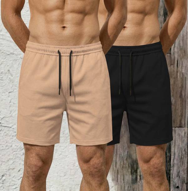TRIPR Solid Men Beige, Black Regular Shorts