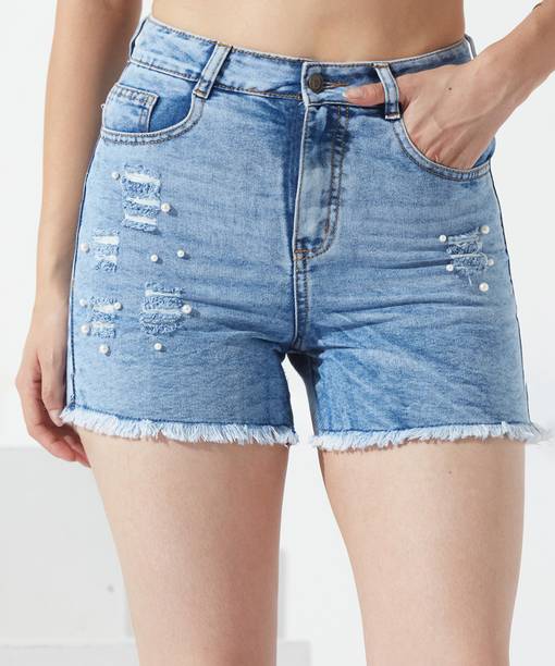 Dyed/Washed Women Denim Light Blue Denim Shorts, High Waist Shorts, Regular Shorts