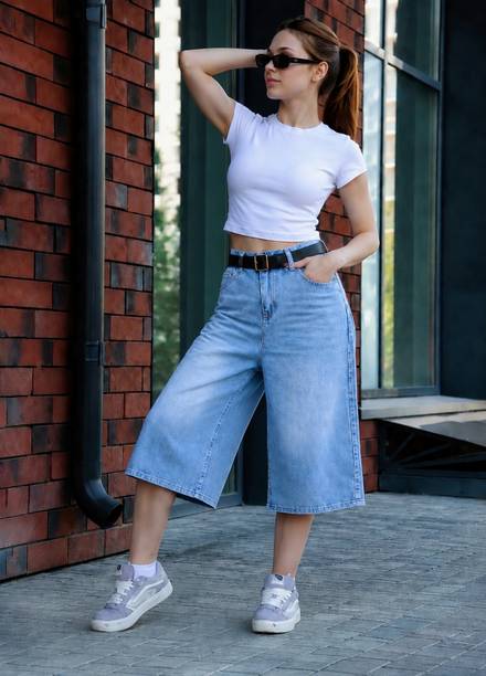Solid Women Denim Light Blue Baggy Shorts