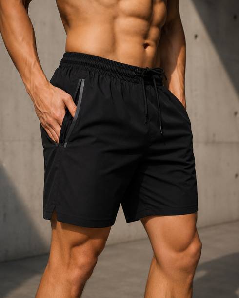Solid Men Black Running Shorts, Gym Shorts, Sports Shorts