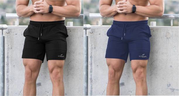 Pack of 2 Solid Men Black, Blue Sports Shorts