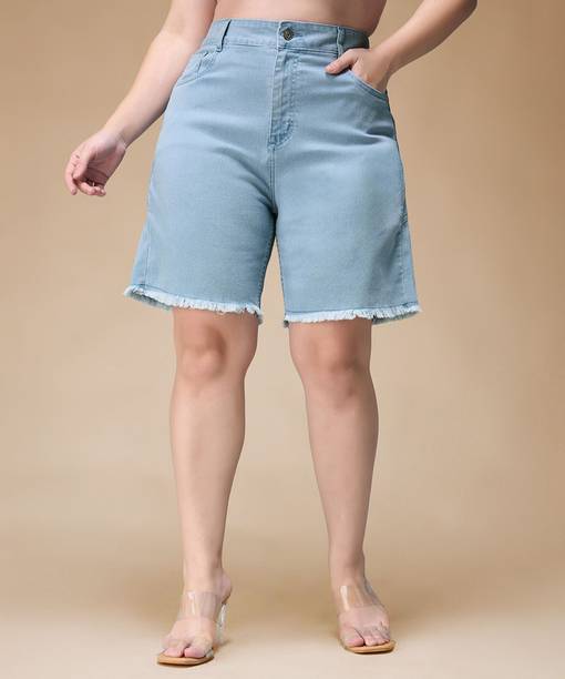 Solid Women Denim Blue Regular Shorts