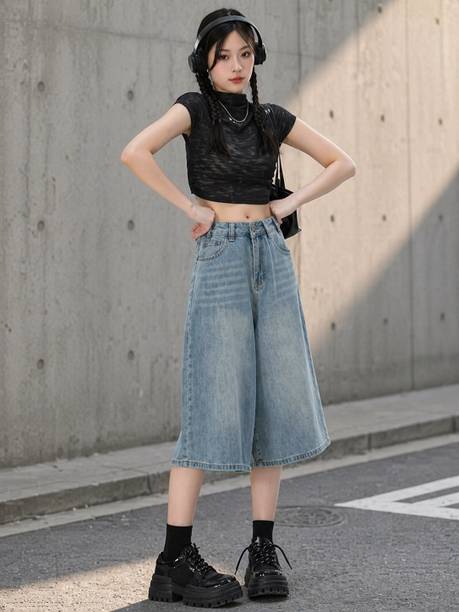 Dyed/Washed Women Denim Light Blue Baggy Shorts