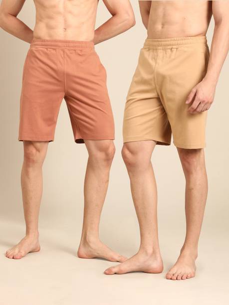 Pack of 2 Solid Men Beige Sports Shorts