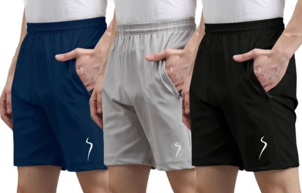 Pack of 3 Solid Men Black, Grey, Silver Sports Shorts, Basic Shorts, Regular Shorts
